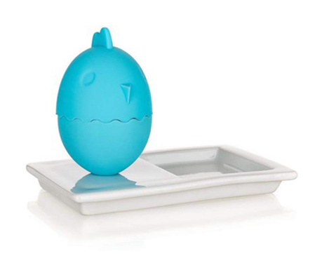 Set suport cu capac pentru ou fiert si farfurie Banquet, Plus Blue, ceramica, albastru, 16x10x7 cm