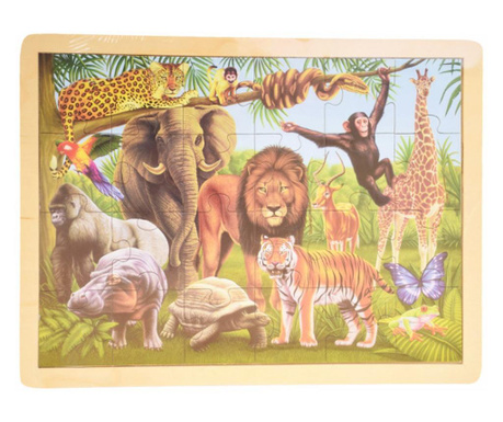 Puzzle din lemn Pufo pentru copii, model Jungla animalelor, 24 piese, 40 x 30 cm