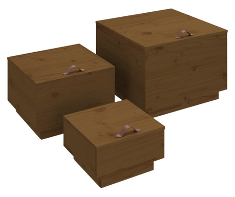 Κουτιά Αποθήκευσης με Καπάκια 3 τεμ Μελί Καφέ Μασίφ Ξύλο Πεύκου