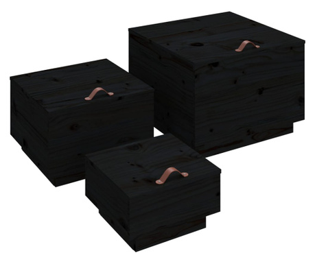 Κουτιά Αποθήκευσης με Καπάκια 3 τεμ.Μαύρο από άσπρο Ξύλο Πεύκου