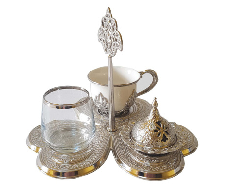 Σετ σερβιρίσματος τουρκικού καφέ με ποτήρι, 6 τεμάχια, 10×13 cm, ασημί, Busem
